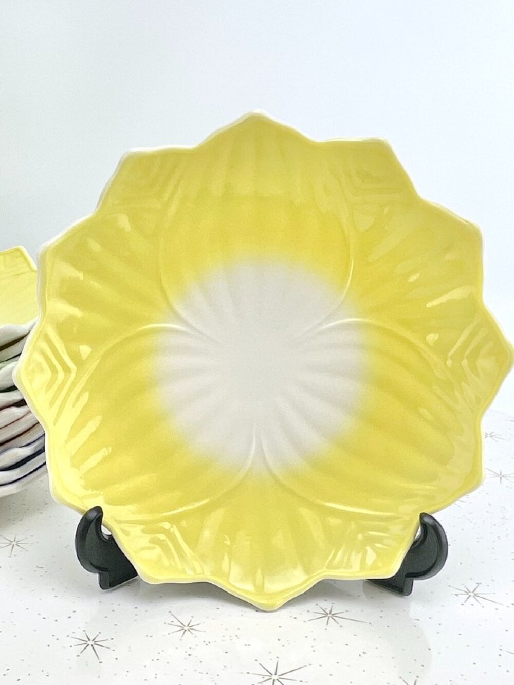 Vintage Anchor Hocking milk glass lotus plate, manganese UV glow, for 1 yellow